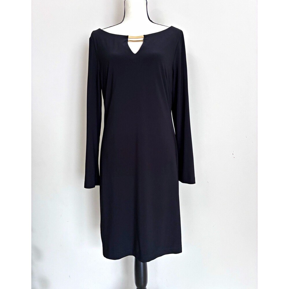 Vince Camuto Black V-Neck Long Sleeve Shift Knee Length Dress Zip Size 12